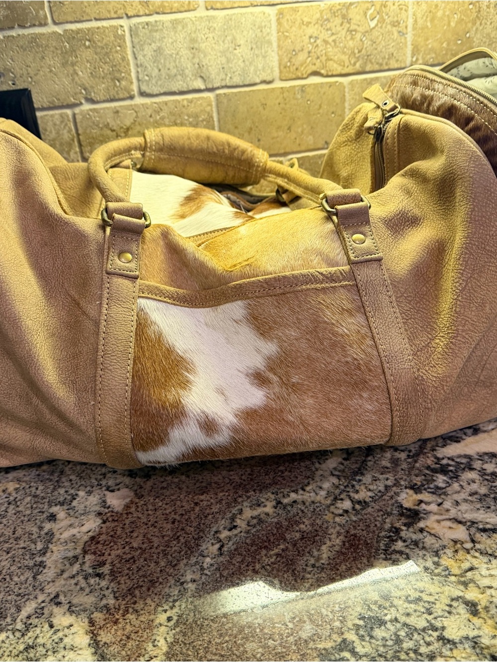 Myra Bag Tan Leather & Brown White Cowhide Weekender Bag - Picture 4 of 11